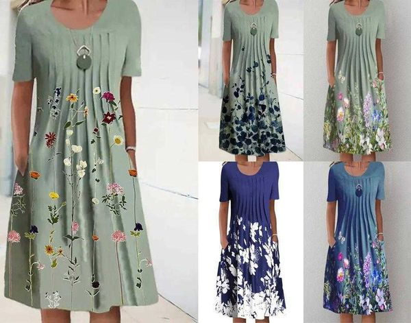 

summer womens round collared long dress floral print for women, Black;gray