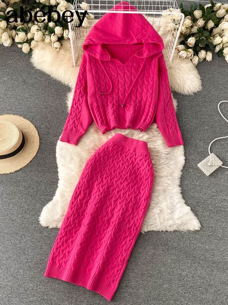 

two piece dress fashion thick knitted set women long sleeve short hooded sweaterbodycon skirts autumn winter two piece suits 230422, White