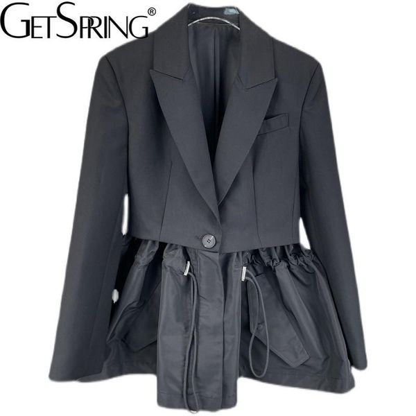 

pants getspring women blazer patchwork drawstring fake two suit coats asymmetry casual black woman blazers and jackets 2021 new, White