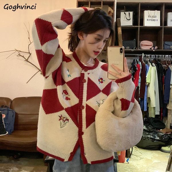

sweaters sweater cardigan women argyle design students sweet soft retro embroidery fashion loose korean style autumn christmas casual ins, White;black