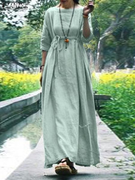 

dresses vintage o neck 3/4 sleeve solid long maxi dress women summer sundress zanzea fashion kaftan casual vestidos oversize robe femme, Black;gray