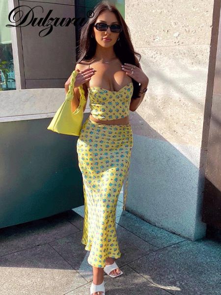 

dress dulzura women satin floral print outfits 2 piece set lace up sleeveless backless crop ruched bodycon skirts birthday party, White