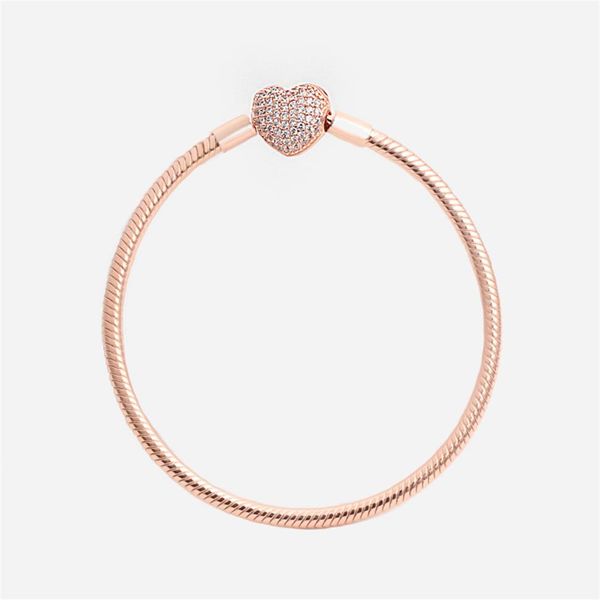 

luxury fashion 18k rose gold cz diamond heart bracelets original box for pandora 925 silver smooth snake chain bracelet2652, Golden;silver