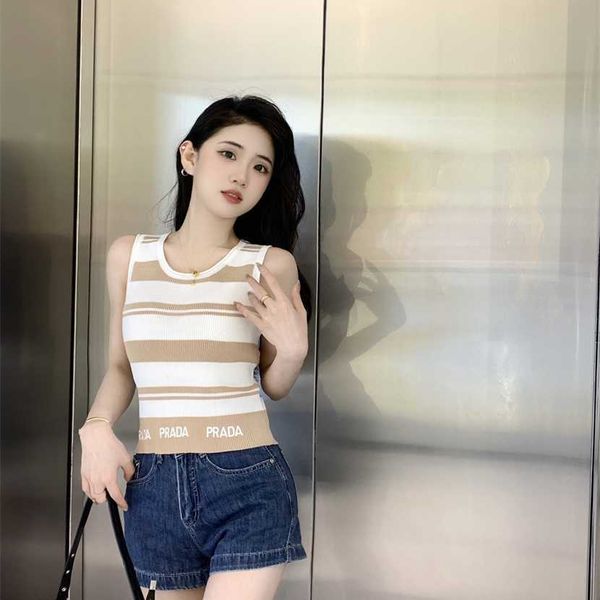 

26% off clothing designer quality family spring/summer new casual simple stripe color block letter printing knitted slim fit tank top, White