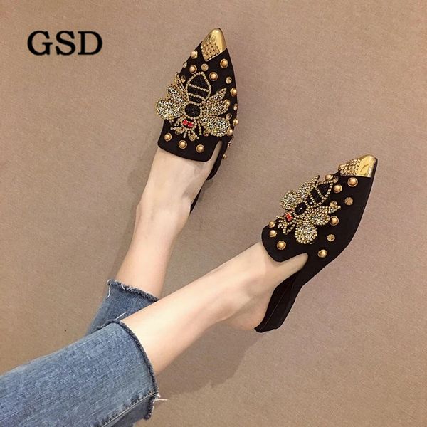

slippers fashion metal pointed toe flat mules shoes women faux suede rhinestones bee design slides 230421, Black