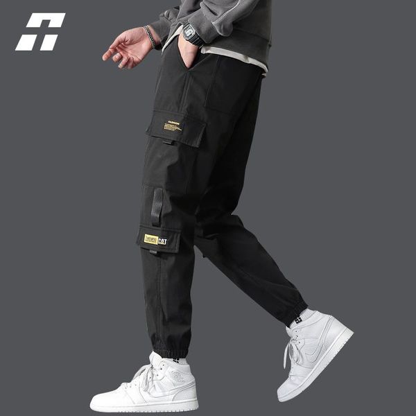 

pants harajuku ribbons harem joggers men cargo pants fashion 2022 new trousers streetwear hip hop solid casual pockets track pants, Black