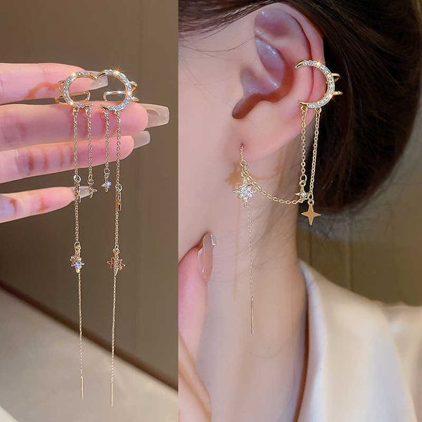 

charm kpop gold color rhinestone moon star clip earrings for women simple butterfly fake cartilage long tassel ear cuff jewelry gifts aa2304, Golden