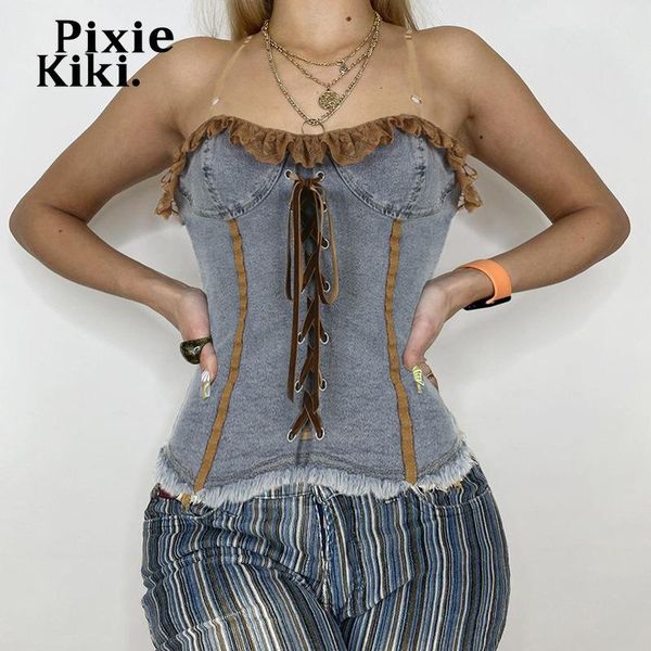 

t-shirt pixiekiki koronkowa retro up gorset estetyczne y2k ubrania dla kobiet niebieski denim busiter fairy grunge camisole p77e, White