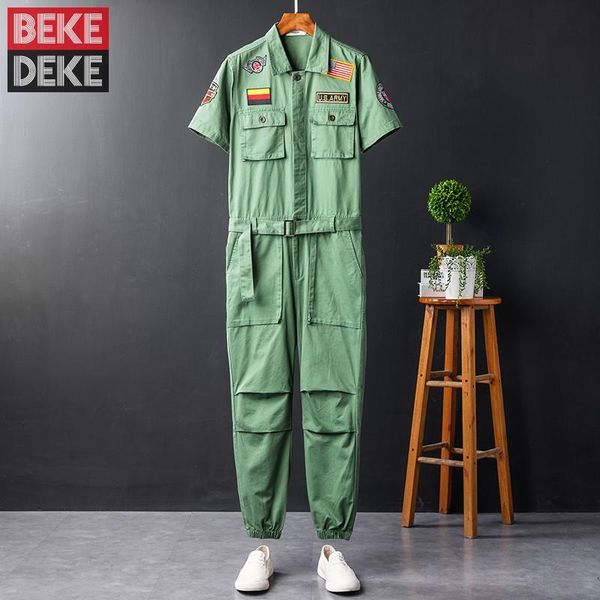 

pants summer safari style army green short sleeve cargo jumpsuit mens pilot overalls pants loose fit men casual rompers large size 5xl, Black