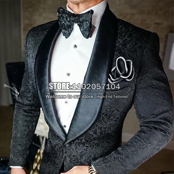 

blazers black wedding suits slim fit groom wear blazer 2 pieces satin lapel floral jacquard jacket+pants smoking man fashion party dress, White;black