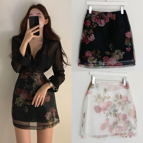 

skirts spring summer korean chic elegant women skirts high waist package hip mini jupe vintage floral print gauze mujer faldas 230422, Black