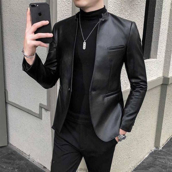 

leather men blazer casual faux slim fit blazer masculino pu suit jacket single button wedding business dress coat ropa hombre5nzx, White;black