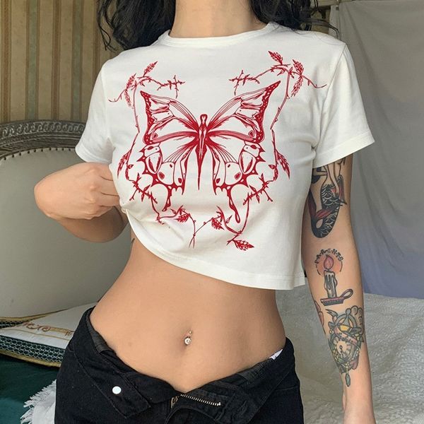 

women s t shirt vintage fairy grunge short sleeve o neck fitted crop punk harajuku e girl tee american y2k 90 t shirt 230421, White