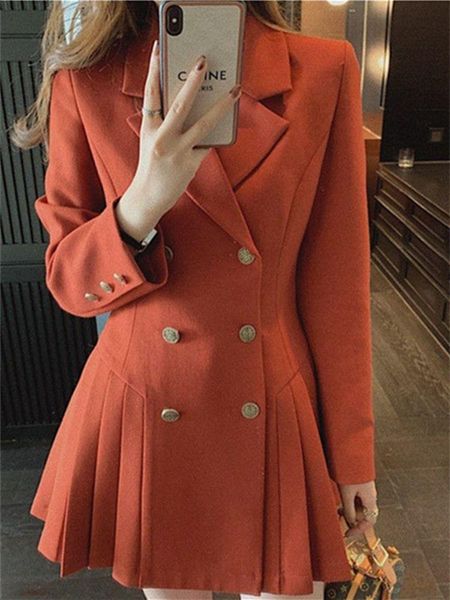 

pants black orange blazer suit dress women 2022 spring/autumn double breasted french longsleeved blazers pleated skirt office lady, White