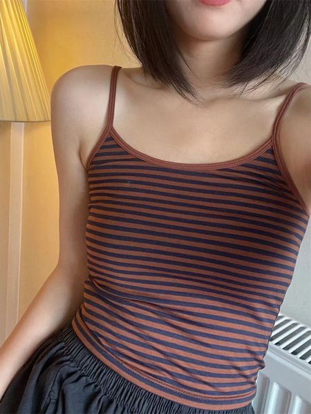 

t-shirt women brown striped cotton tank 2022 summer fashion ladies vintage slim casual sling camis girl sweet cute bomb, White