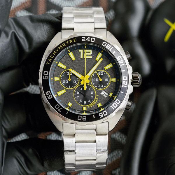 

41mm f1 black dial japan vk quartz chronogrpah mens watch steel case yellow stick markers stainless steel bracelet watches thtg ti244j, Slivery;brown