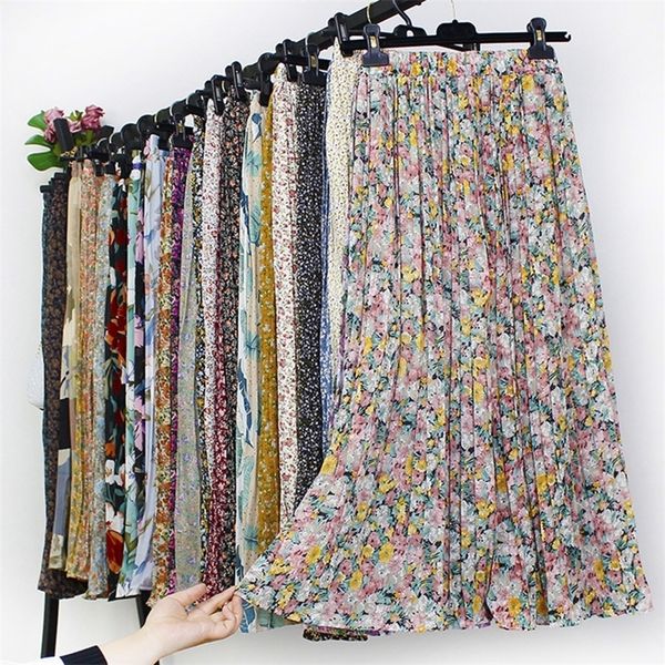 

skirts women summer boho chiffon long skirt elegant floral print pleated skirts elastic high waist casual midi skirt women clothes 230422, Black