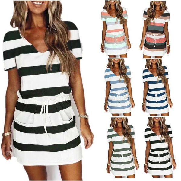 

spring and casual dresses summer womens drawstring short sleeved striped dress, Black;gray