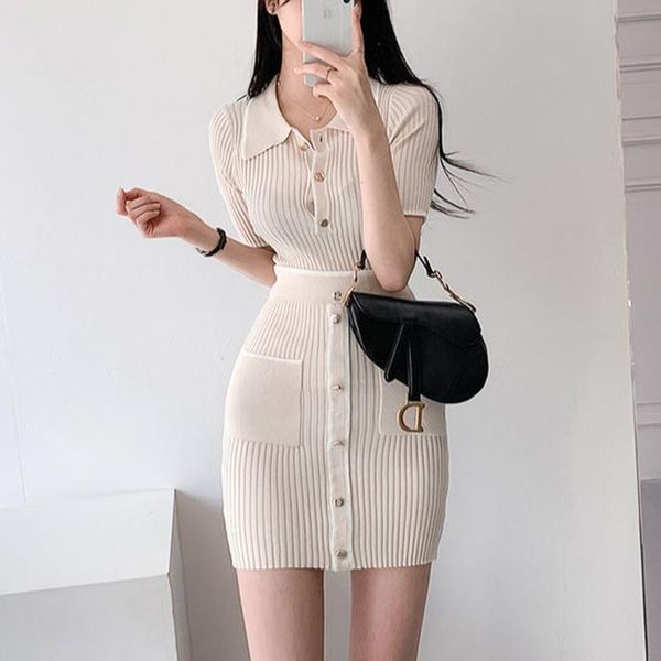 

dress singlebreasted pocket short sleeve black short sets for women new summer elegant knitting suit thin mini skirt twopiece outfit, White