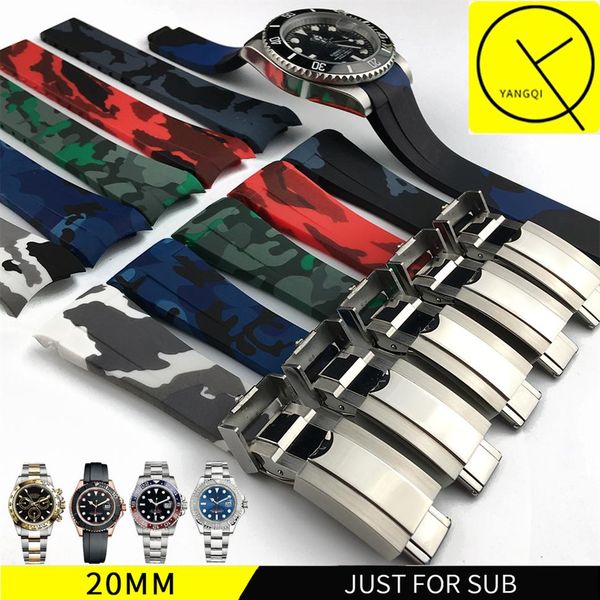 

waterproof rubber watchband stainless steel fold buckle watch band strap for oysterflex sub bracelet watch man 20mm black blue to2973, Black;brown