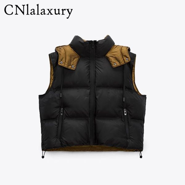 

vests cnlalaxury autumn winter woman black hooded cotton vest casual sleeveless colorblock vest simple zipper female pocket, Black;white