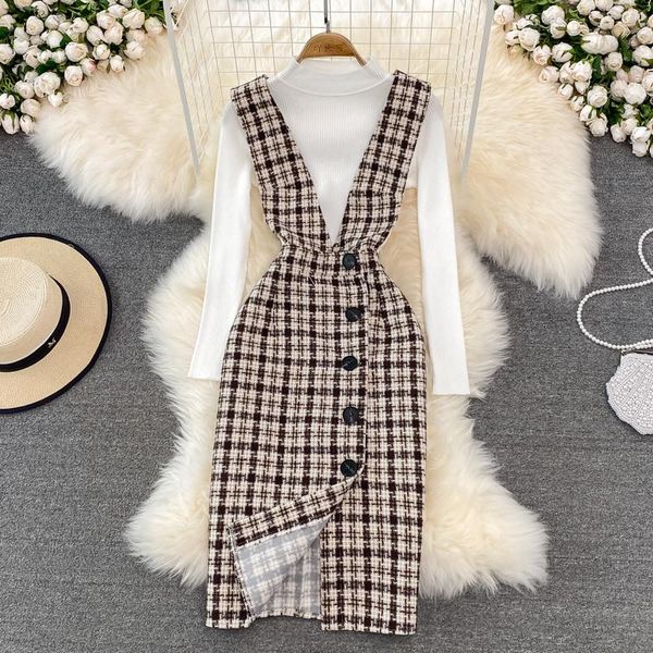 

dress korean fashion women 2 piece set autumn winter long sleeve pullover sweater + plaid tweed pencil dress suits elegant outfits, White