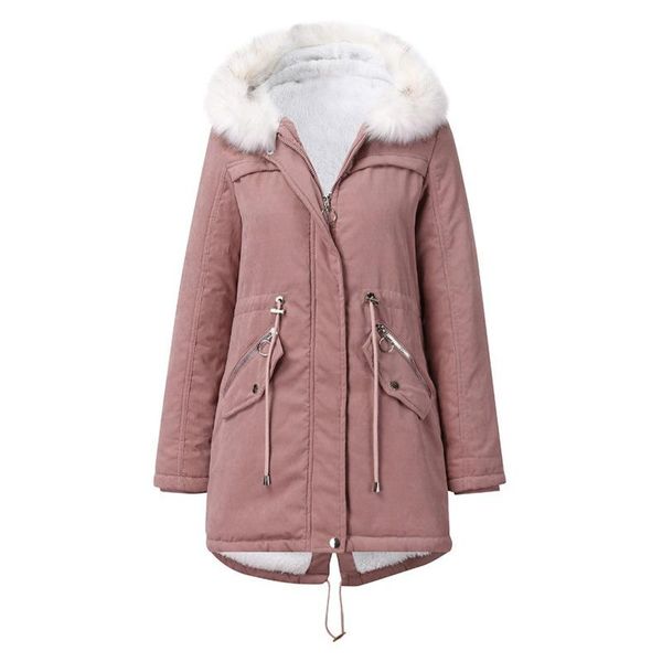 

leather quanss women's long jacket winter clothes faux fur collar hooded padded coats thick warm plus velvet parka female casual outwea, Black