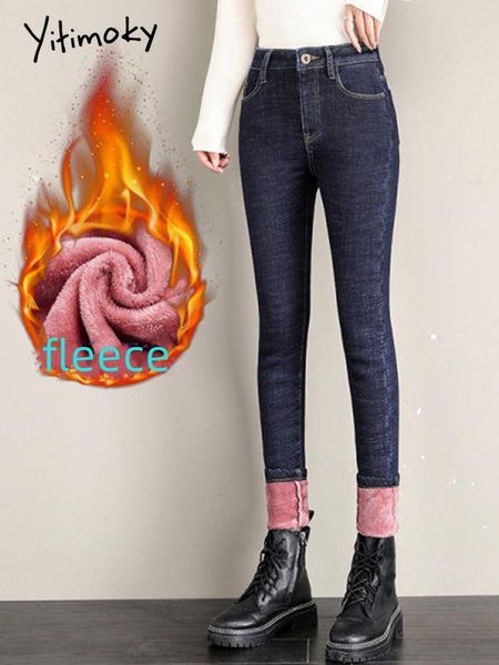 

jeans yitimoky winter jeans women pencil simple fleece warm high waist thicker female slim fit allmatch leisure clothing trousers, Blue