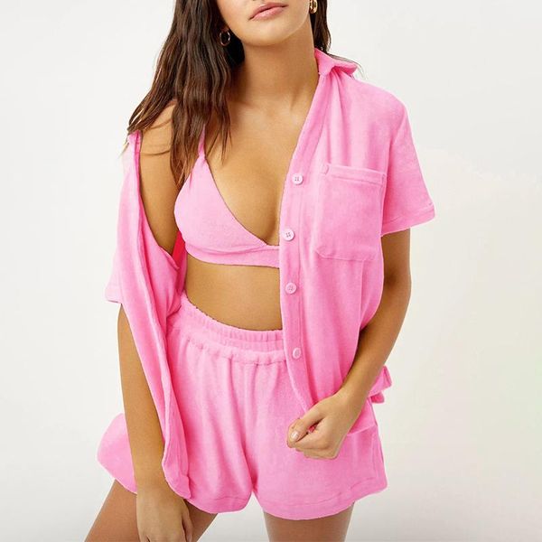 

dress solid velvet casual two piece set women's tracksuit cardigan single breasted homewear women 2021 summer woman shorts sets, White