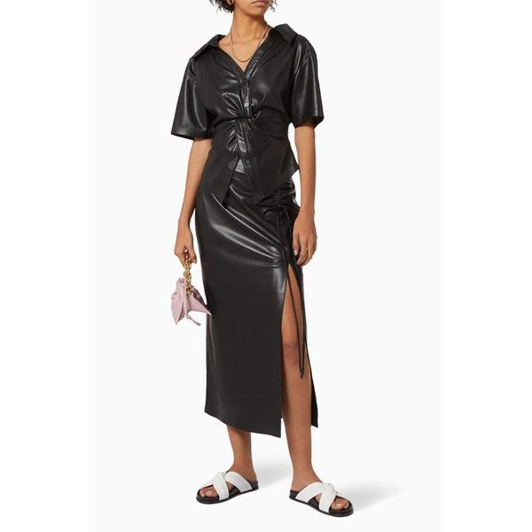 

dresses women hight waist drawstring split bodycon pu leather skirt temperament, White;black