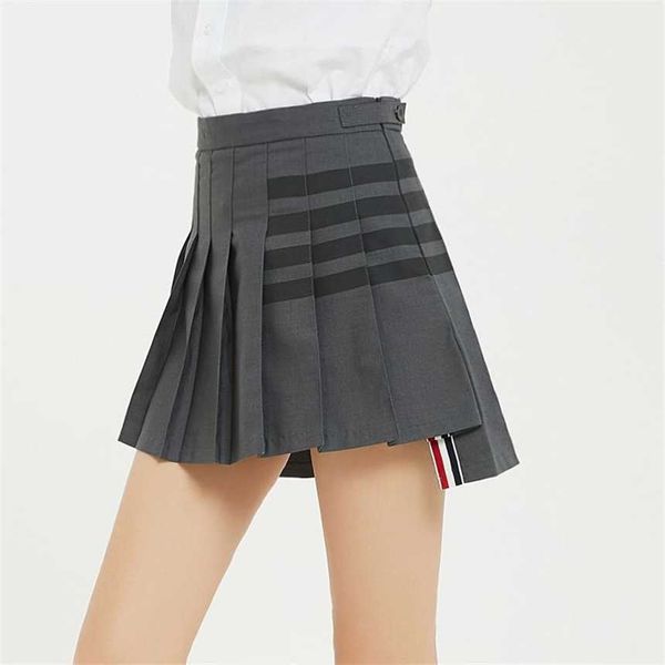 

30% off new waist striped pleated tb half a-line short women's anti glare grey slim tennis umbrella skirt, Black