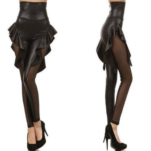

leggings mallas de cuero con costura de encaje a los lados falda con volantes punk pu pantalones largos, Black