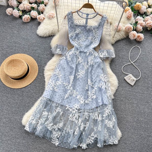 

super immortal mesh embroidery spliced dress summer waist style holiday beach skirt slim fairy first love dress, Black;gray