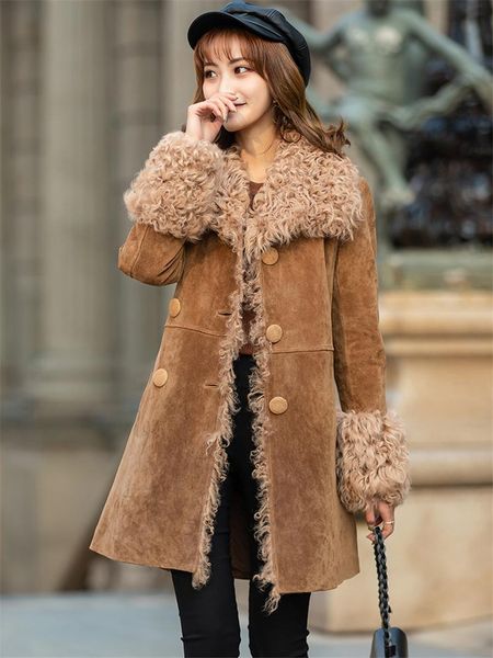 

fur pudi ct931 winter women warm real sheep fur coat jacket lady genuine pig split skin leisure girl long fur coats overcoat, Black