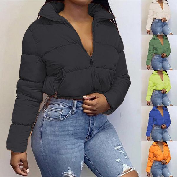 

parkas women winter long sleeve zipper puffer jacket stand collar warm parka fashion short outwear thick down bubble coats, Black