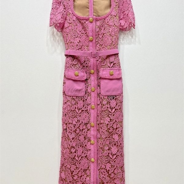 

casual dresses spring style water-soluble lace spliced short sleeve pink women midi dress floral hollow out single breasted dress 230421, Black;gray