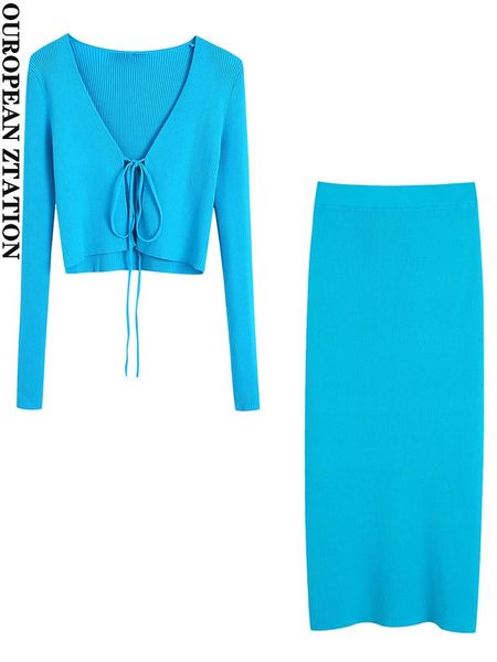 

dress pailete women 2022 fashion front tied cropped ribbed knit cardigan sweater or high elastic waist ribbed knit pencil skirt, White