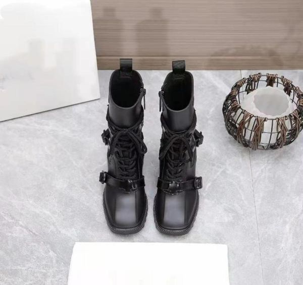 

luxury designers women half boots mixed color wool square toes rainboots chunky heels platform shoes combat ankle boot 34401284774, Black