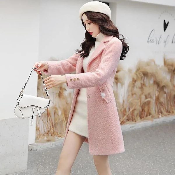 

fur 2022 winter new women gold mink down female midlength winter thicken woolen coat clothing temperament female overcoat outwear, Black