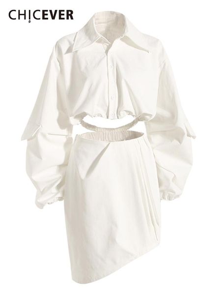 

dress chicever solid two piece sets for women lapel long sleeve high waist irregular hem skirts elegant sets summer fashion new, White