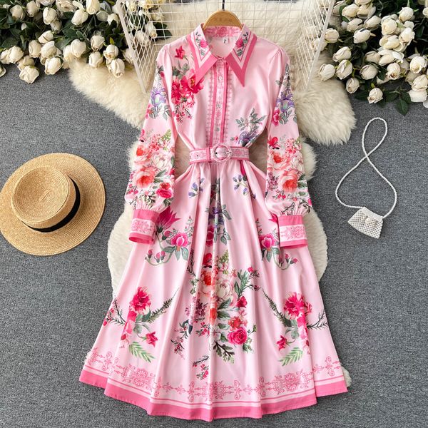 

spring new ethnic style retro dress pointed neck long sleeve waist middle length single breasted ruffled princess dress, Black;gray