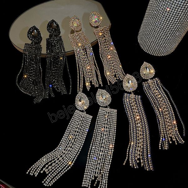 

luxury full rhinestone big crystsal earrings for women bridal party wedding long tassel earrings jewelry gifts, Silver