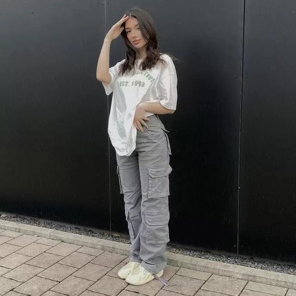 

jeans grey vintage cargo pants women's straight jeans tie style fashion loose wide leg pants women's y2k pants high waisted jeans, Blue