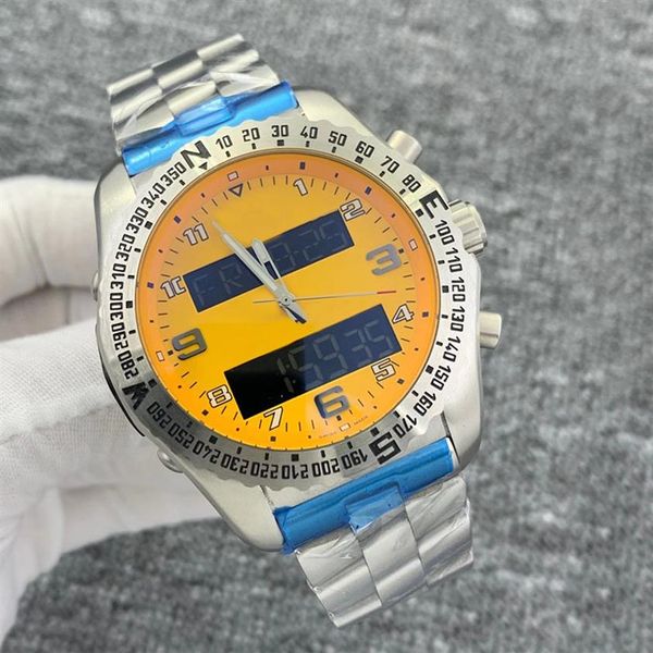 

new men watch dual time zone electronic pointer display yellow dial quartz mens sport watches montre de luxe chronograph wristwatc313r, Slivery;brown