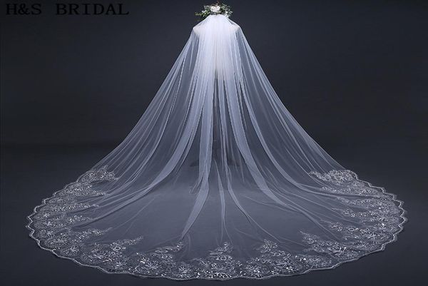

crystals wedding veils beaded long 1 layer cathedral lace edge bridal veils 2018 new designer 3m 4m veils wedding accessories4660754, Black