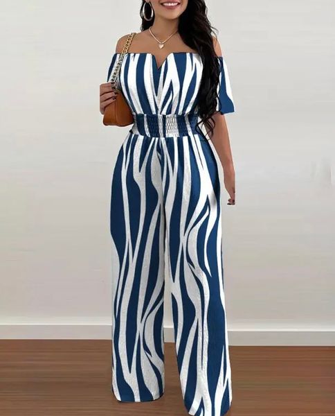 

women's jumpsuits rompers summer fashion printed wide leg jumpsuit women slash neck off-shoulder high waist jumpsuit womem 230422, Black;white