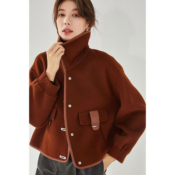 

fur wool jacket women winter short caramel casual fashion coat new 100% wool lapel fashion temperament leather trim exquisite jacket, Black