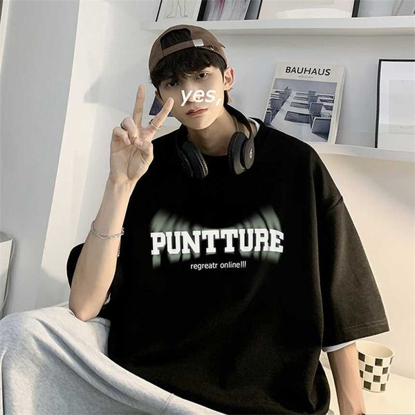 

30% off american halo dye letter men's short summer fashion ins half sleeve street loose t-shirt, White;black