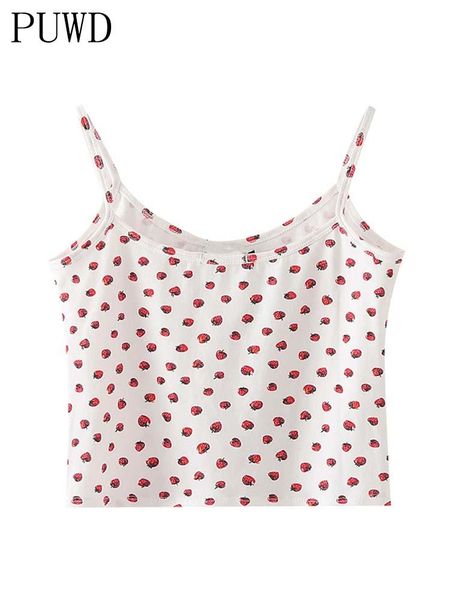 

t-shirt puwd casual women tank 2022 summer fashion ladies falsie slim patchwork female chic strawberry print soft cotton, White