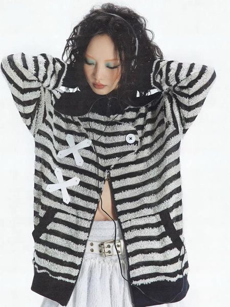 

sweaters streetwear y2k punk vintage striped knit cardigan turndown collar zipup single button casual sweater harajuku 2000s goth, White;black